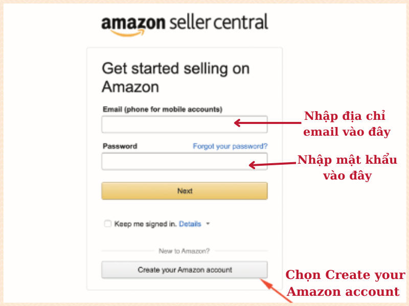 đăng nhập vào trình quản lý bán hàng của Amazon