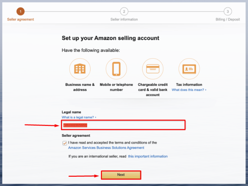 Nhập một số thông tin cá nhân vào để bắt đầu bán hàng trên Amazon.