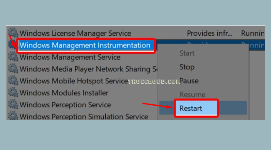 Restart để khởi động lại dịch vụ Windows Management Instrumentation nhằm sửa các lỗi liên quan CPU quá tải 100%.