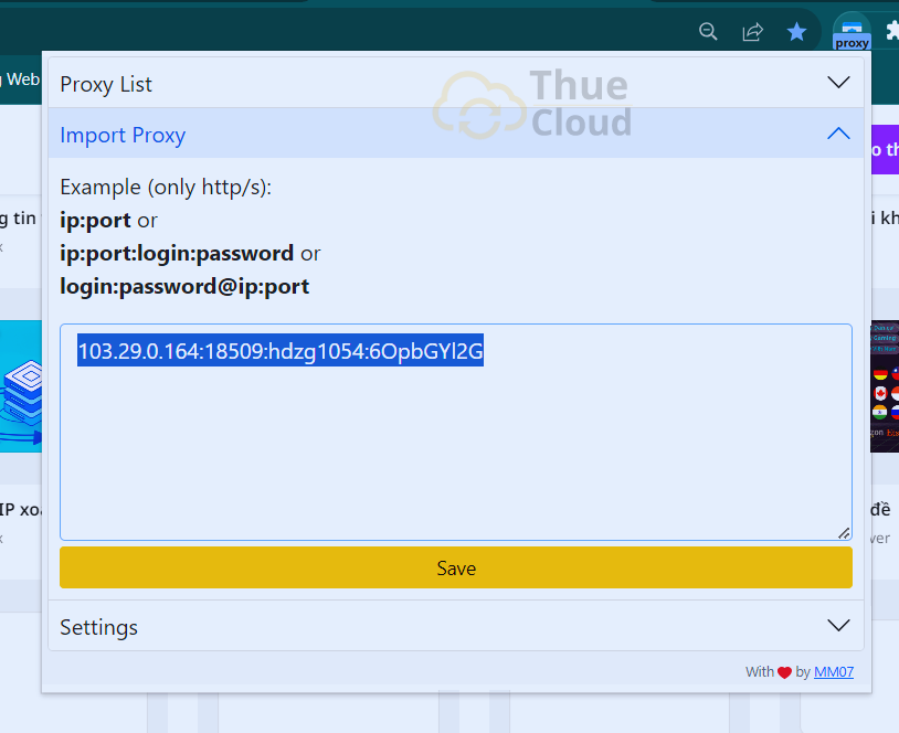 Mở và dán địa chỉ IP, port, Username, Password đã mua ở Thuê Cloud để đăng nhập vào  Simple Proxy Swetcher