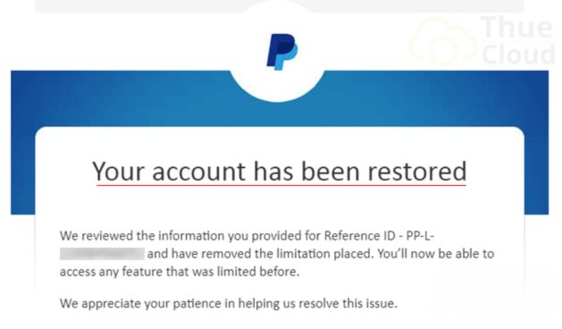 Email của phía Paypal báo gỡ limit  trong bài Paypal Limit Cách giải quyết MMO