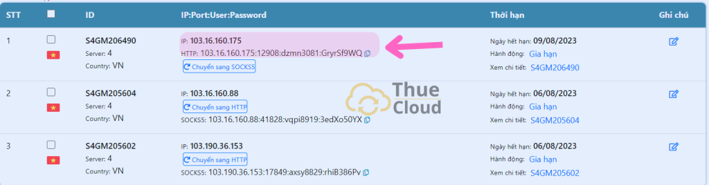 Hình ảnh cấu hình IP mua tại Thue Cloud để Fake IP nuôi 1 Zalo bằng Zalo PC