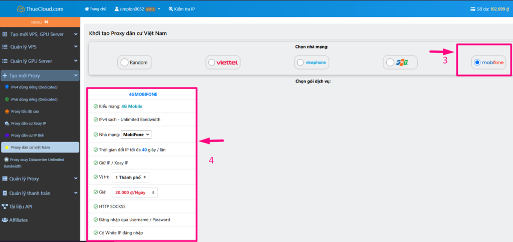 Chọn Proxy mobifone 4G thuecloud