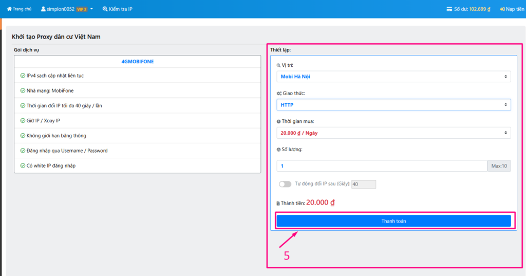 thanh toán gói Proxy Mobifone 4G
