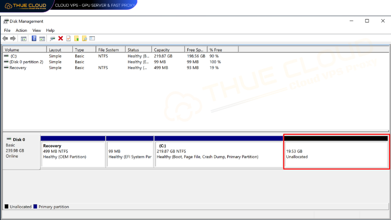 Mở Disk Management để xem unallocated space
